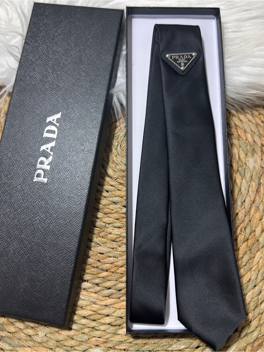 Prada Black Silk Tie with Triangle Logo Plaque